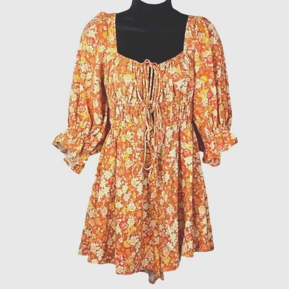 Free People Pants - Free People Show Me Love Linen Romper Orange Floral Smocked Dress W Tie Front Sm